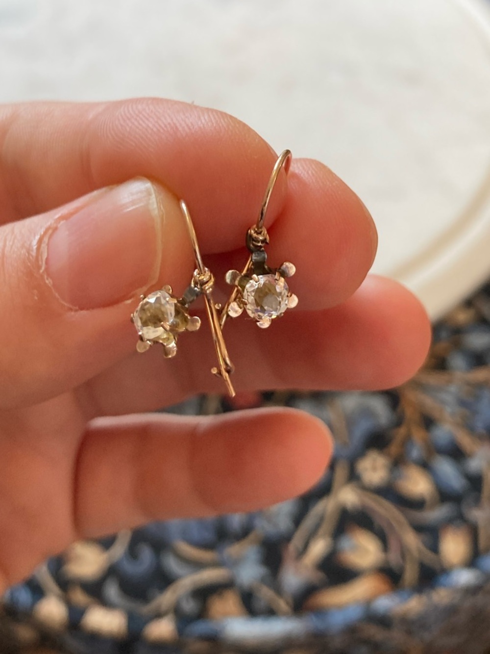 Antique Victorian 10K Old Mine Cut Paste Stone Etruscan Petal Dangle Earrings